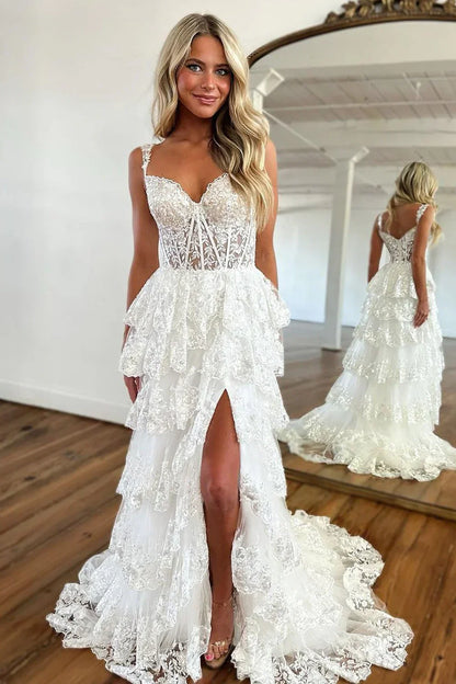 Lilac A-Line Floral Lace Corset High-Low Tiered Sequin Prom Dress With Slit AD290