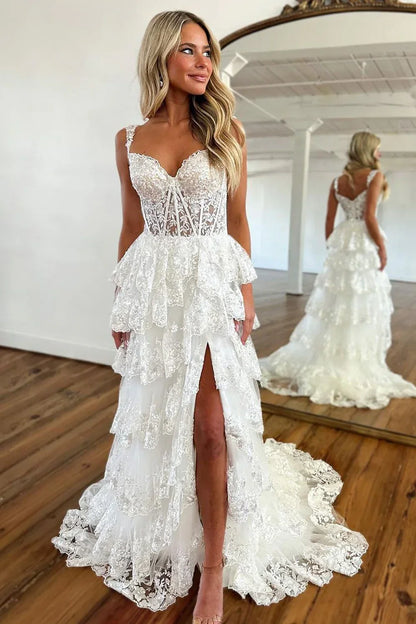 Lilac A-Line Floral Lace Corset High-Low Tiered Sequin Prom Dress With Slit AD290