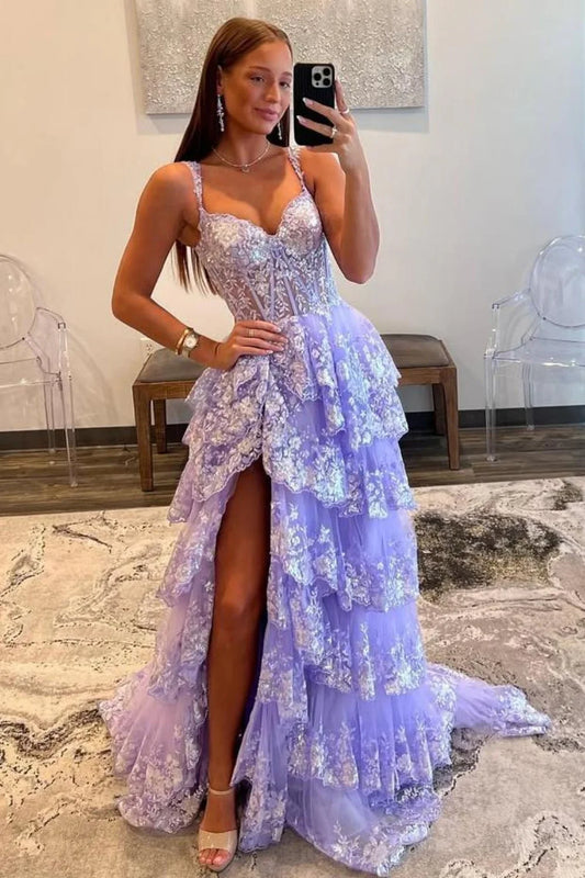 Lilac A-Line Floral Lace Corset High-Low Tiered Sequin Prom Dress With Slit AD290