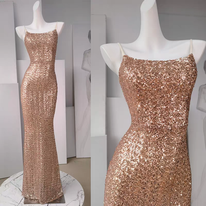 Dreamy Blush Pink Iridescent Sequin Spaghetti Straps Mermaid Long Prom Dress AD292