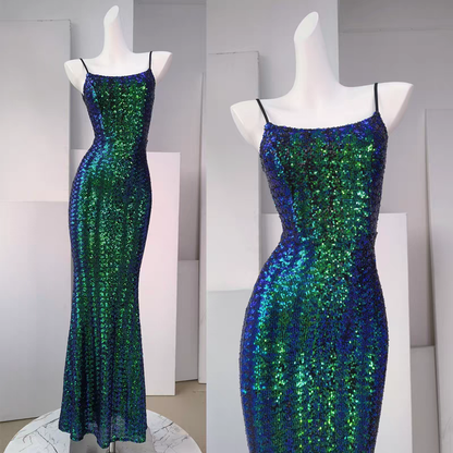 Dreamy Blush Pink Iridescent Sequin Spaghetti Straps Mermaid Long Prom Dress AD292