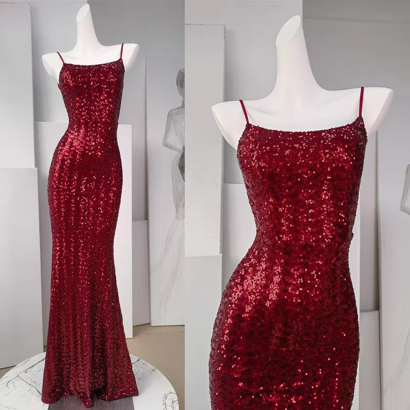 Dreamy Blush Pink Iridescent Sequin Spaghetti Straps Mermaid Long Prom Dress AD292