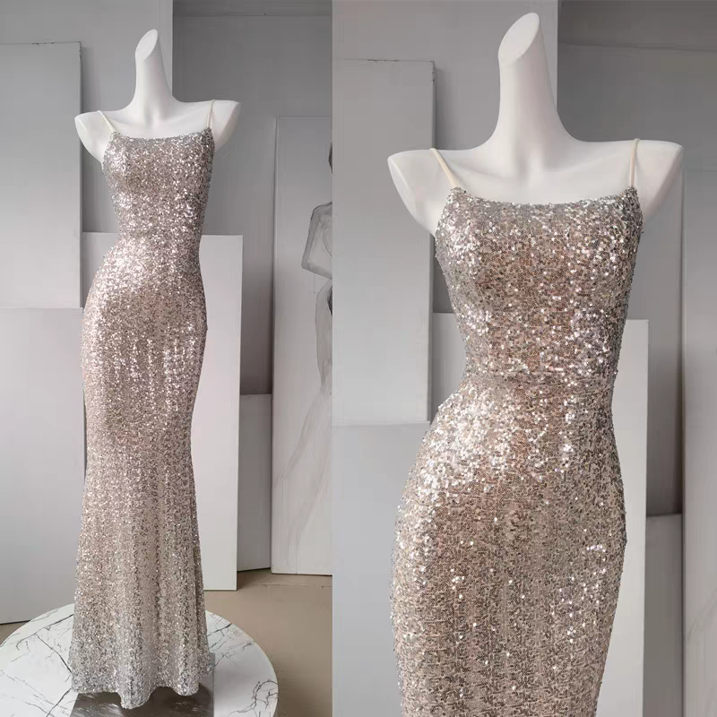 Dreamy Blush Pink Iridescent Sequin Spaghetti Straps Mermaid Long Prom Dress AD292