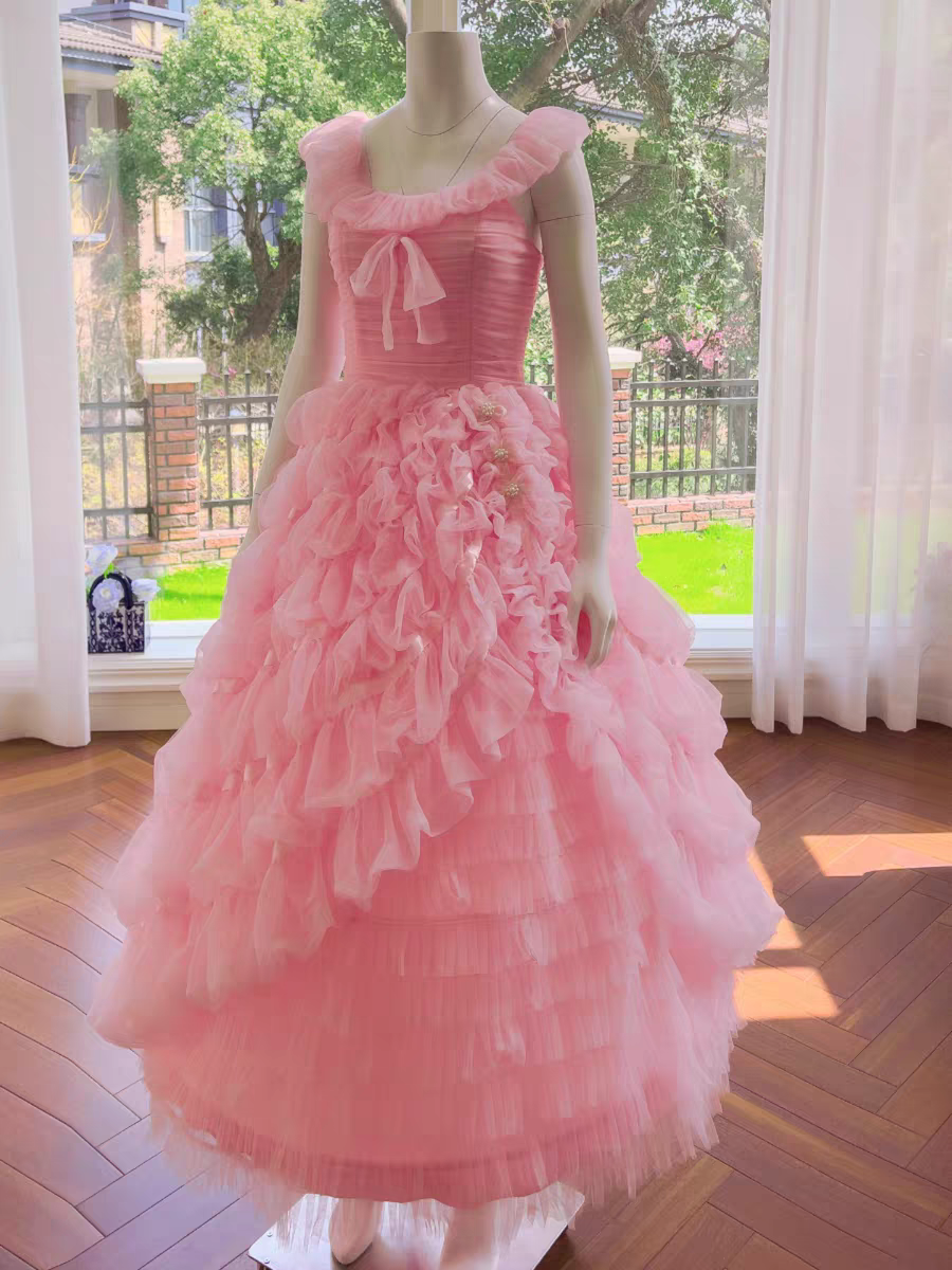 Enchanting Blush Pink Ruffled Tulle Straps Ball Gown Tiered Skirt Prom Dress with Bow Accent AD293
