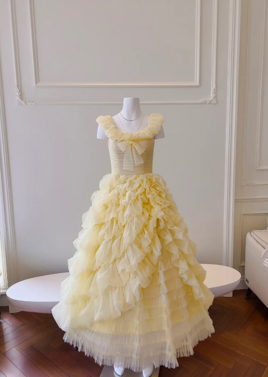 Enchanting Blush Pink Ruffled Tulle Straps Ball Gown Tiered Skirt Prom Dress with Bow Accent AD293