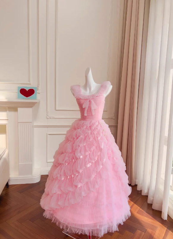 Enchanting Blush Pink Ruffled Tulle Straps Ball Gown Tiered Skirt Prom Dress with Bow Accent AD293
