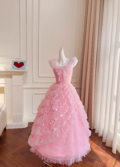 Enchanting Blush Pink Ruffled Tulle Straps Ball Gown Tiered Skirt Prom Dress with Bow Accent AD293