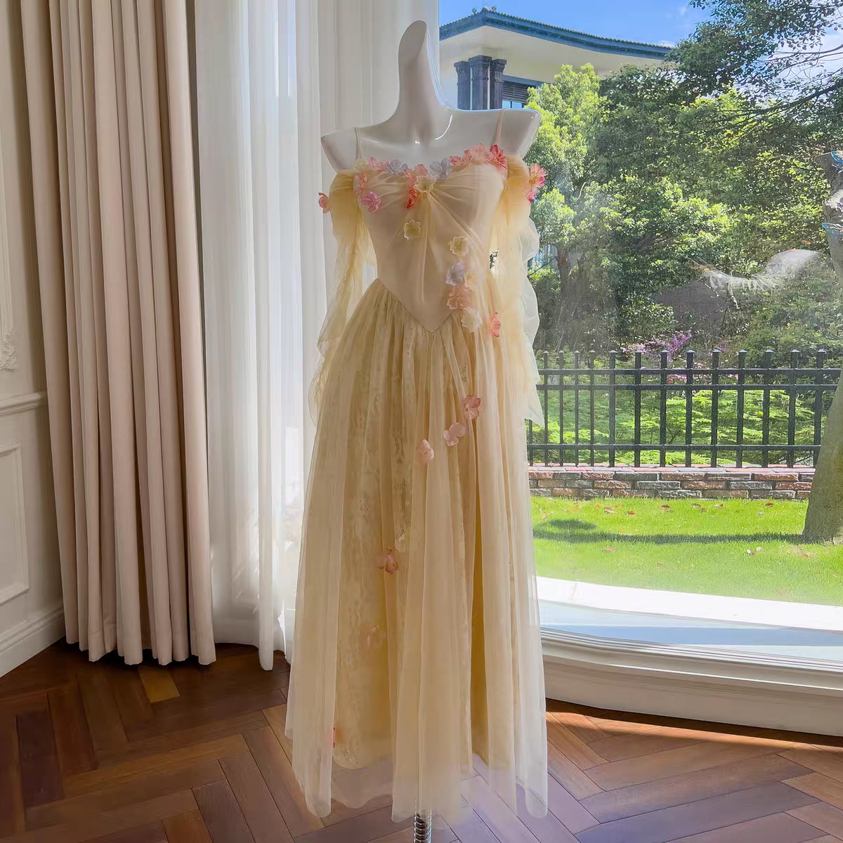 Enchanted Light Yellow Spaghetti Straps Prom Dress With Tulle,Lace And 3D Floral Appliques AD294