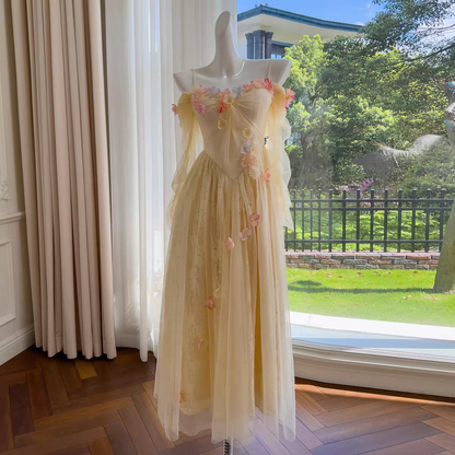 Enchanted Light Yellow Spaghetti Straps Prom Dress With Tulle,Lace And 3D Floral Appliques AD294
