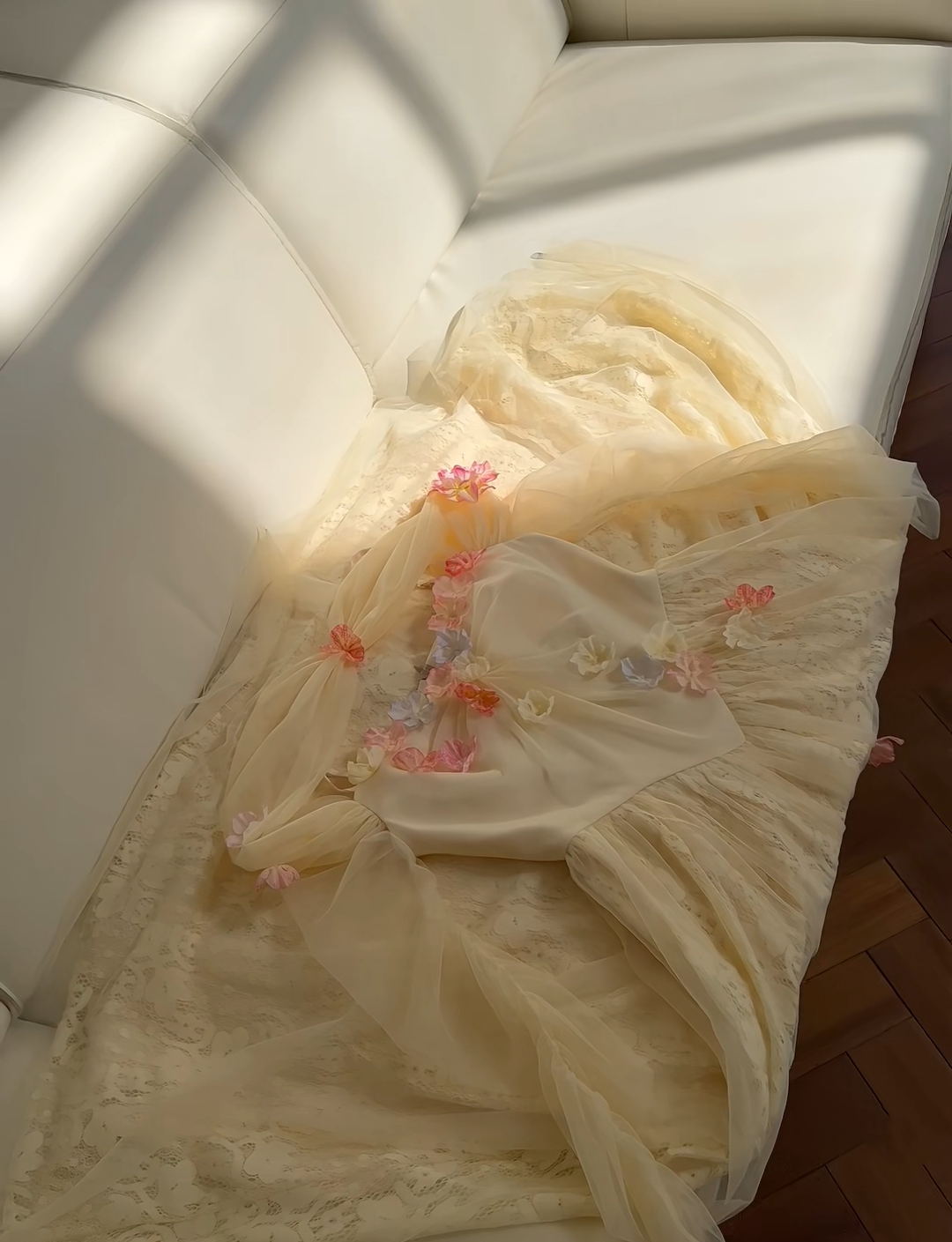Enchanted Light Yellow Spaghetti Straps Prom Dress With Tulle,Lace And 3D Floral Appliques AD294