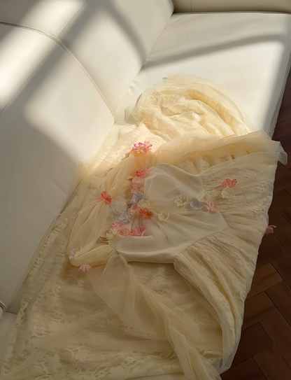 Enchanted Light Yellow Spaghetti Straps Prom Dress With Tulle,Lace And 3D Floral Appliques AD294
