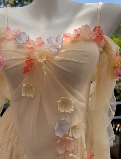 Enchanted Light Yellow Spaghetti Straps Prom Dress With Tulle,Lace And 3D Floral Appliques AD294