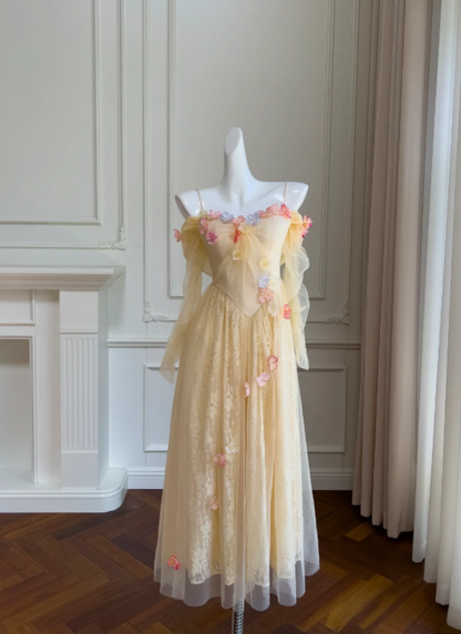 Enchanted Light Yellow Spaghetti Straps Prom Dress With Tulle,Lace And 3D Floral Appliques AD294