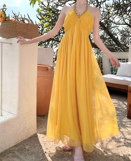Sunny Yellow Halter Chiffon Long Party Prom Dress With Rhinestone Neckline And Pleated Bodice Flowy Summer & Beach Events AD295