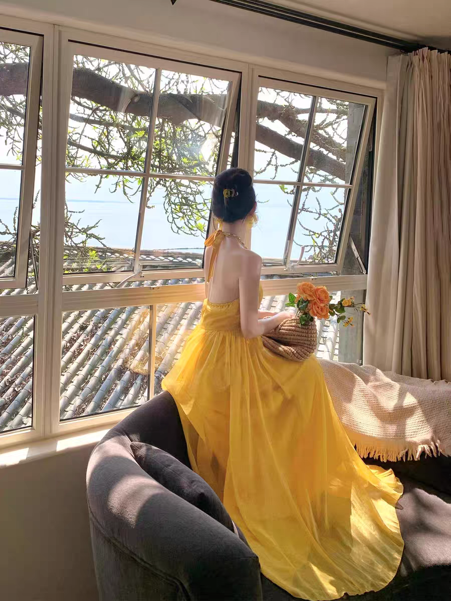 Sunny Yellow Halter Chiffon Long Party Prom Dress With Rhinestone Neckline And Pleated Bodice Flowy Summer & Beach Events AD295