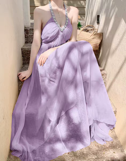 Sunny Yellow Halter Chiffon Long Party Prom Dress With Rhinestone Neckline And Pleated Bodice Flowy Summer & Beach Events AD295