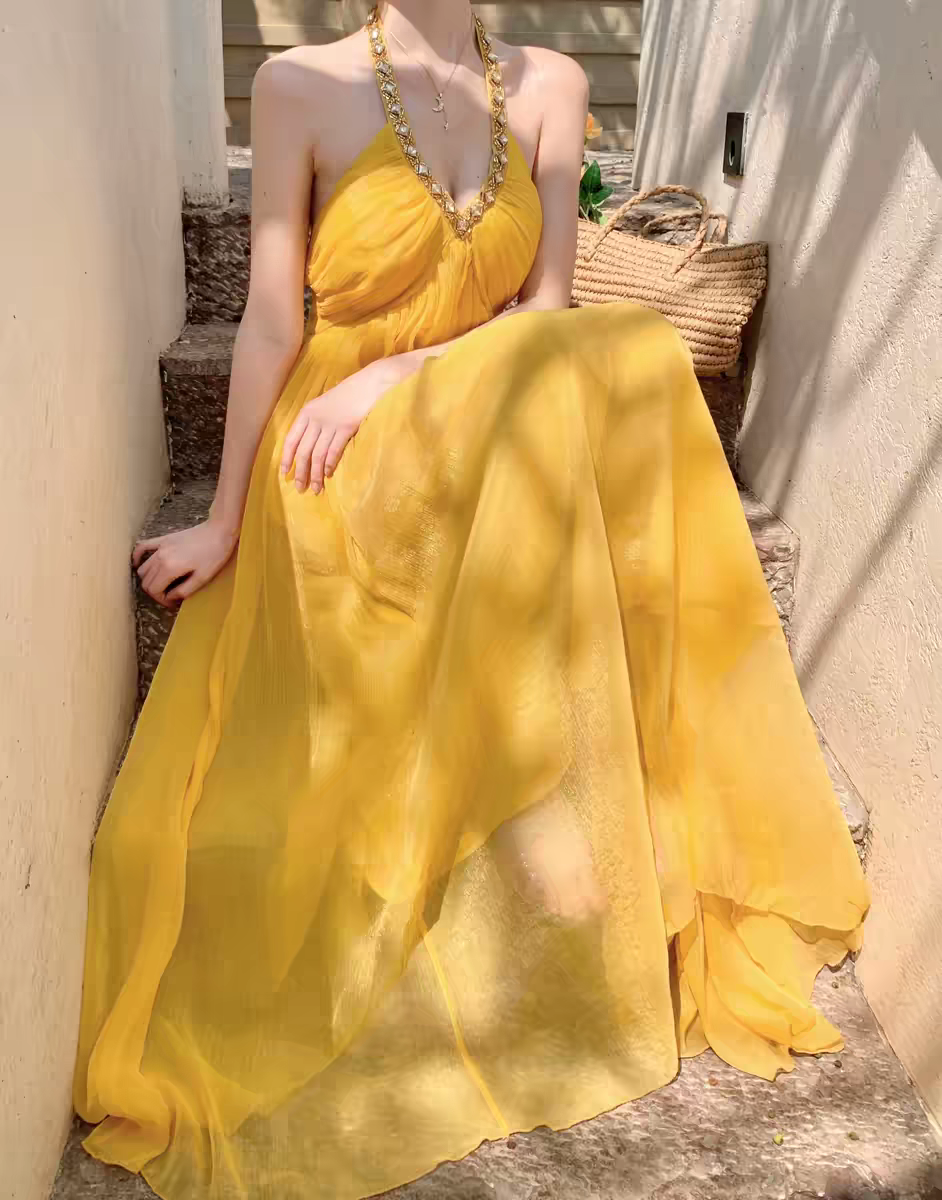 Sunny Yellow Halter Chiffon Long Party Prom Dress With Rhinestone Neckline And Pleated Bodice Flowy Summer & Beach Events AD295