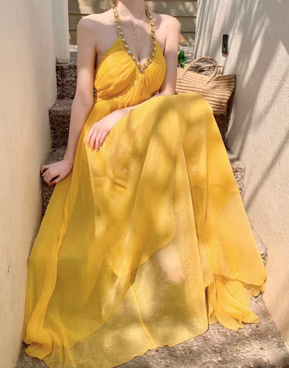 Sunny Yellow Halter Chiffon Long Party Prom Dress With Rhinestone Neckline And Pleated Bodice Flowy Summer & Beach Events AD295