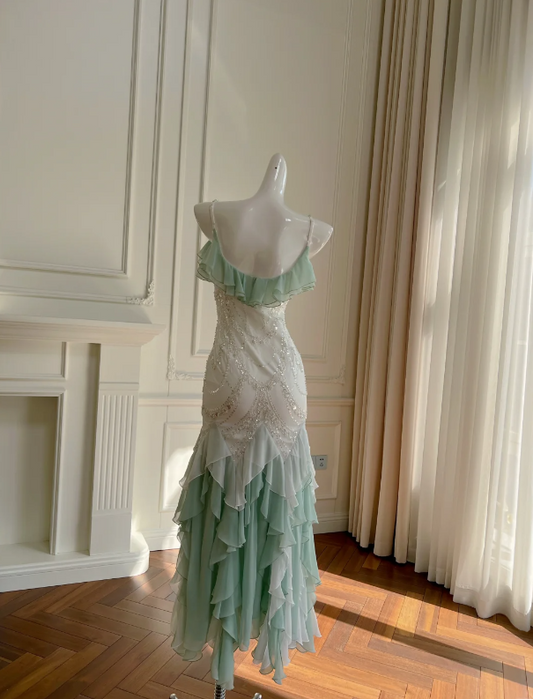 Lush Mint Green & White Ombre Ruffled Beaded Spaghetti Straps Mermaid Long Prom Dress AD296