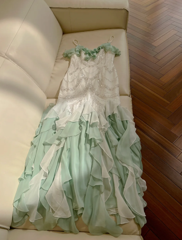 Lush Mint Green & White Ombre Ruffled Beaded Spaghetti Straps Mermaid Long Prom Dress AD296