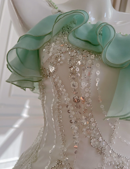 Lush Mint Green & White Ombre Ruffled Beaded Spaghetti Straps Mermaid Long Prom Dress AD296