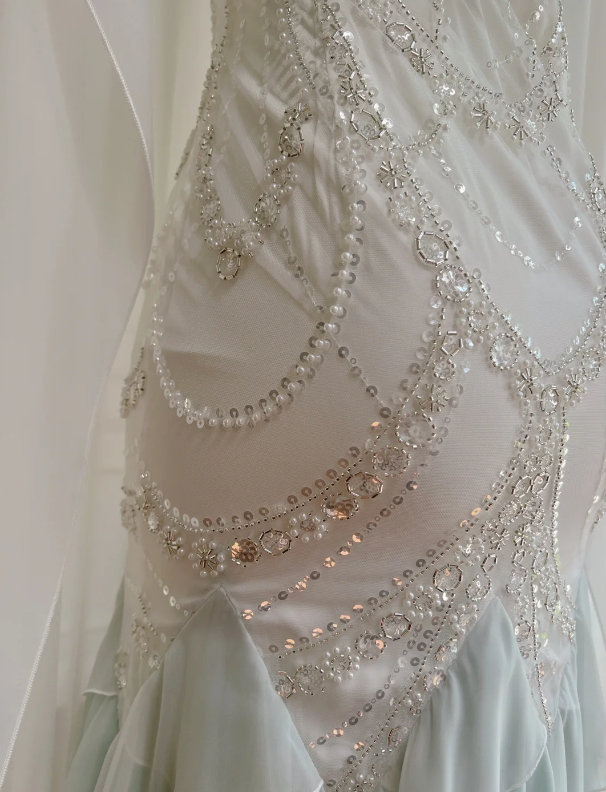 Lush Mint Green & White Ombre Ruffled Beaded Spaghetti Straps Mermaid Long Prom Dress AD296