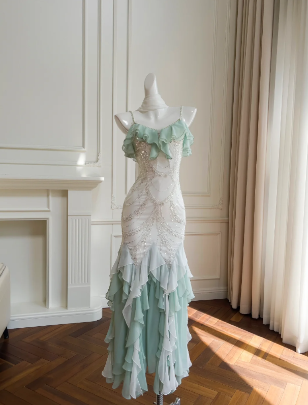 Lush Mint Green & White Ombre Ruffled Beaded Spaghetti Straps Mermaid Long Prom Dress AD296