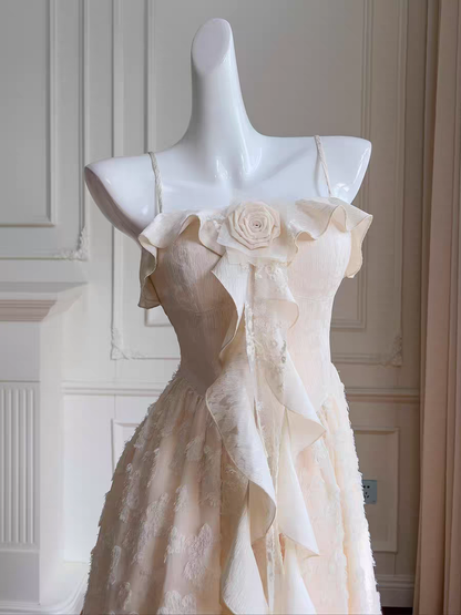 Vintage Ivory Spaghetti Straps Ruffled A Line Long Prom Dress With Rose Applique AD297