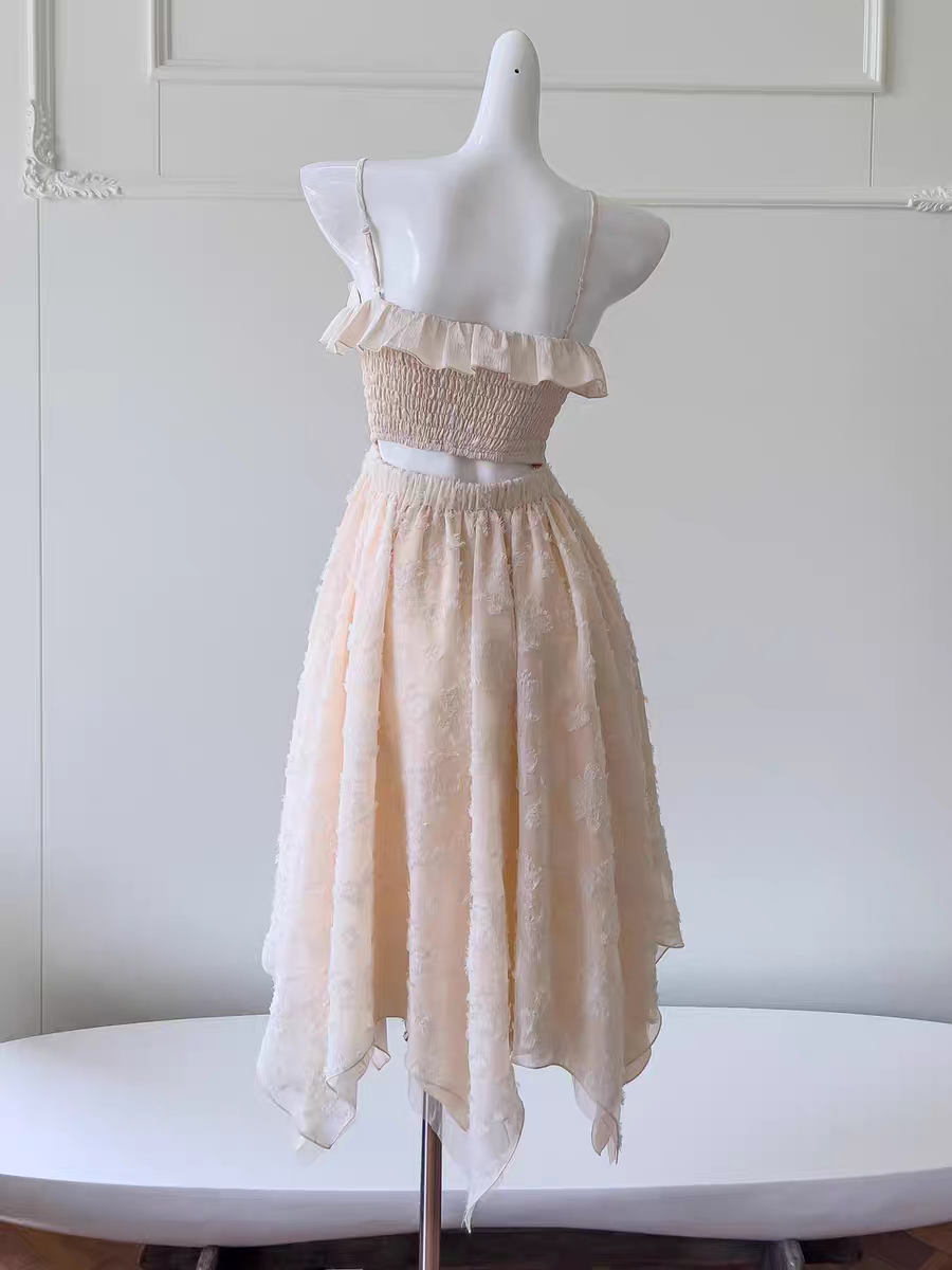 Vintage Ivory Spaghetti Straps Ruffled A Line Long Prom Dress With Rose Applique AD297