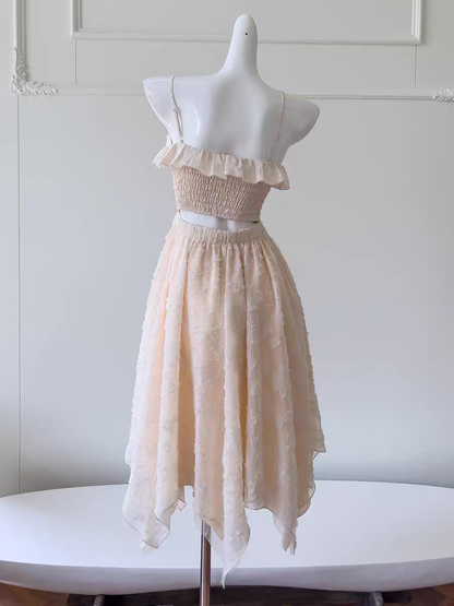 Vintage Ivory Spaghetti Straps Ruffled A Line Long Prom Dress With Rose Applique AD297