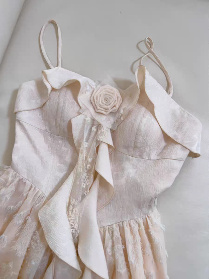 Vintage Ivory Spaghetti Straps Ruffled A Line Long Prom Dress With Rose Applique AD297