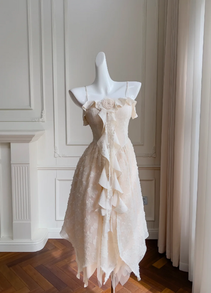 Vintage Ivory Spaghetti Straps Ruffled A Line Long Prom Dress With Rose Applique AD297