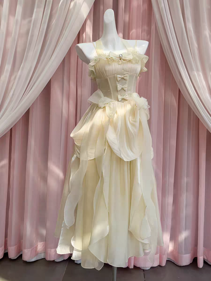 Delicate Light Yellow Corset Long Prom Dress With Tiered Ruffle Chiffon And Bow AD298