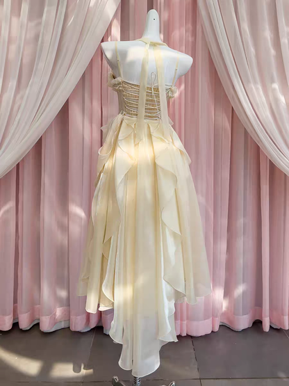 Delicate Light Yellow Corset Long Prom Dress With Tiered Ruffle Chiffon And Bow AD298