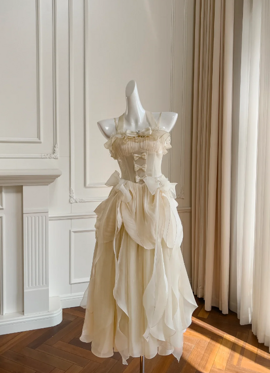 Delicate Light Yellow Corset Long Prom Dress With Tiered Ruffle Chiffon And Bow AD298
