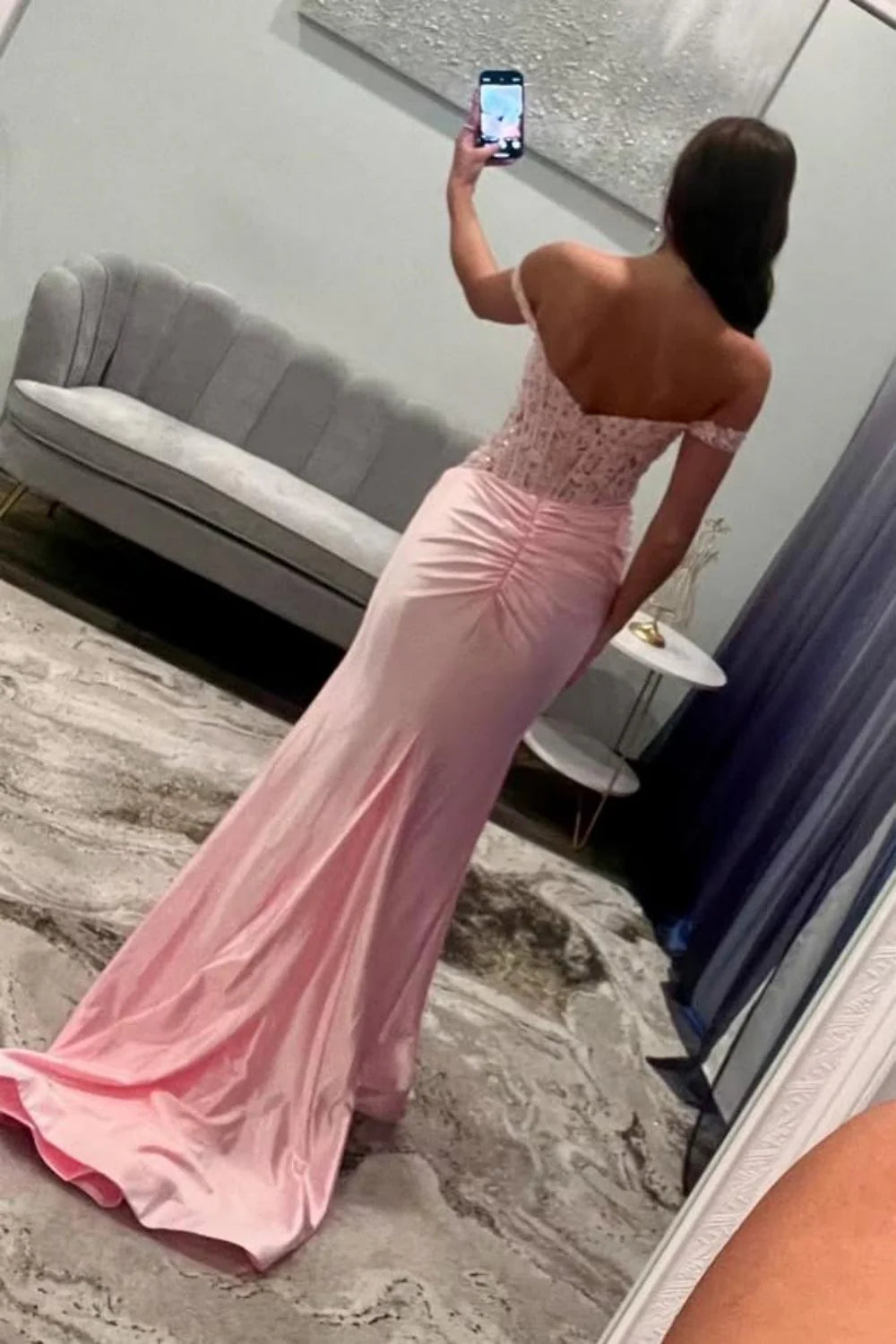 Blush Pink Off-the-Shoulder Lace Corset Satin Prom Dress With High Slit AD299