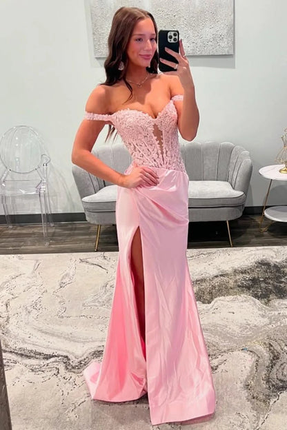 Blush Pink Off-the-Shoulder Lace Corset Satin Prom Dress With High Slit AD299