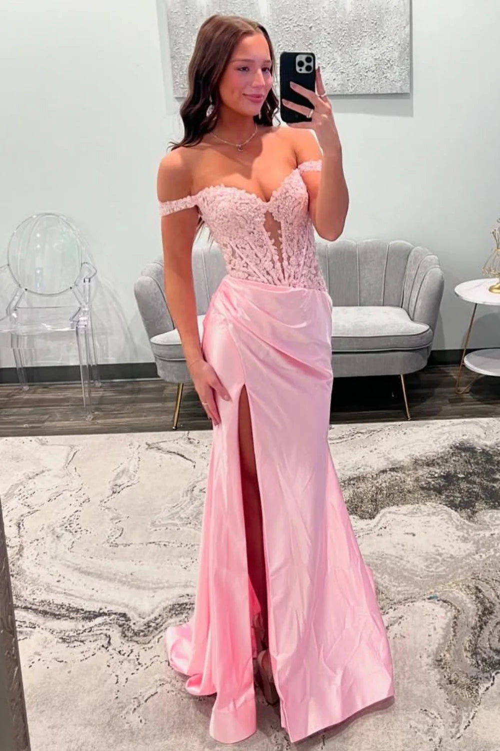 Blush Pink Off-the-Shoulder Lace Corset Satin Prom Dress With High Slit AD299