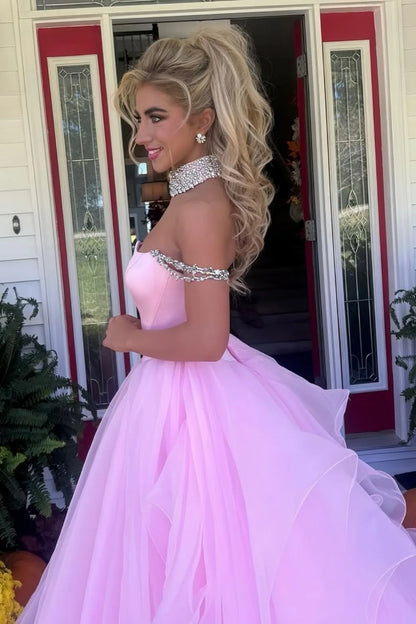 Blush Pink Off-the-Shoulder Ball Gown With Crystal Embellishments AD300