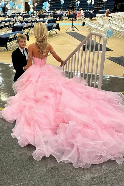 Blush Pink Off-the-Shoulder Ball Gown With Crystal Embellishments AD300