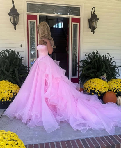 Blush Pink Off-the-Shoulder Ball Gown With Crystal Embellishments AD300