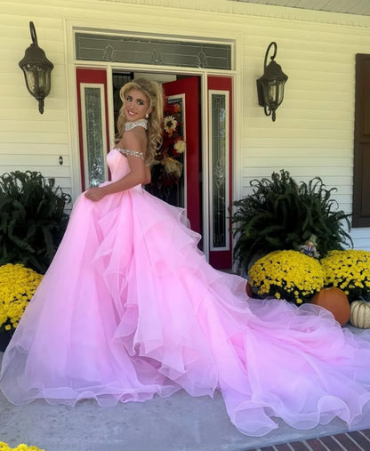 Blush Pink Off-the-Shoulder Ball Gown With Crystal Embellishments AD300