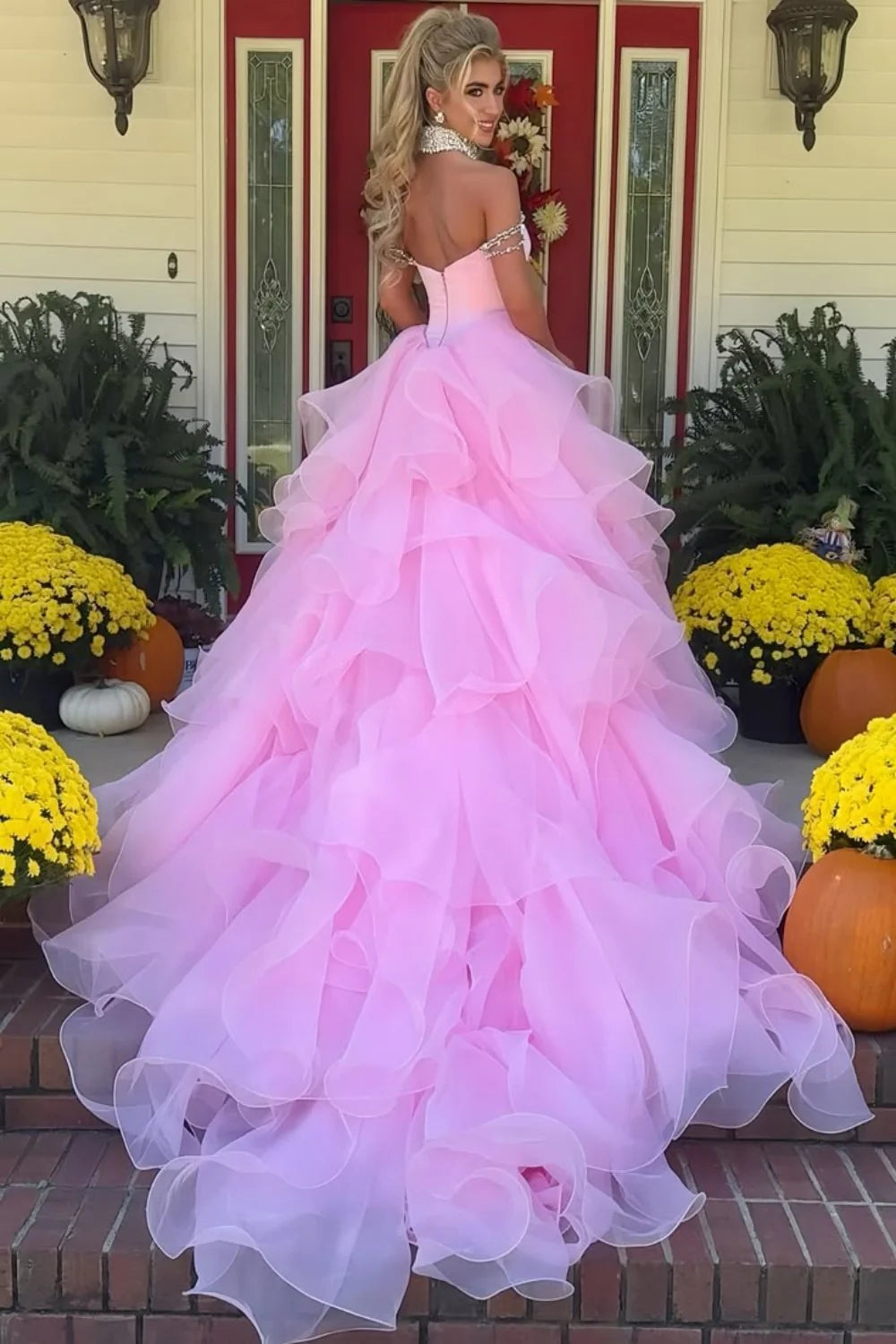 Blush Pink Off-the-Shoulder Ball Gown With Crystal Embellishments AD300