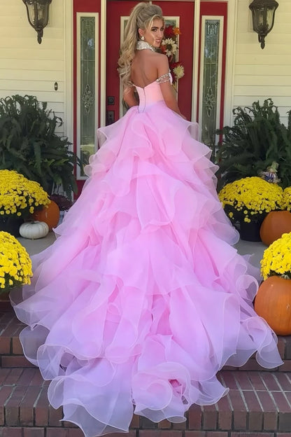 Blush Pink Off-the-Shoulder Ball Gown With Crystal Embellishments AD300