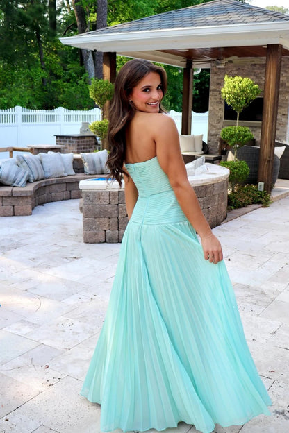 Mint Green Strapless Pleated Prom Dress With Front Twist & Slit AD301
