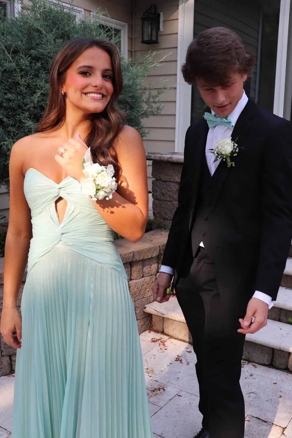 Mint Green Strapless Pleated Prom Dress With Front Twist & Slit AD301