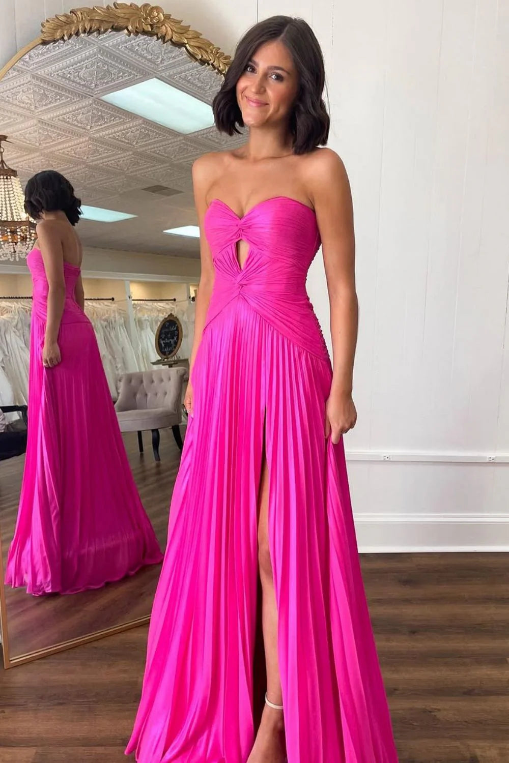 Mint Green Strapless Pleated Prom Dress With Front Twist & Slit AD301