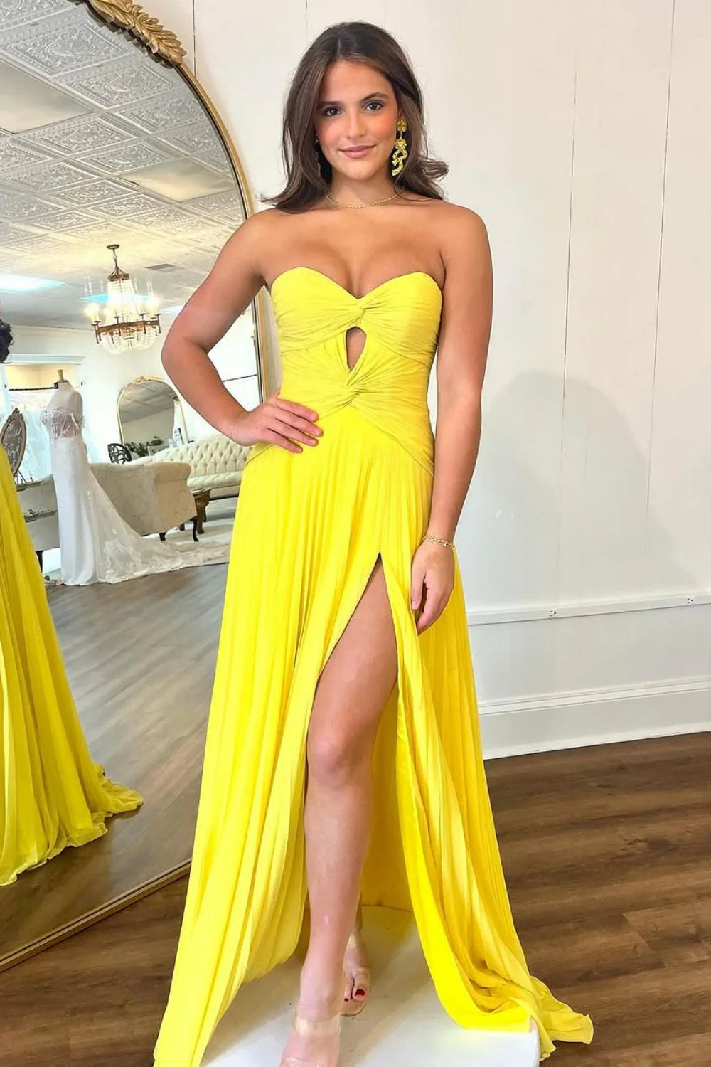 Mint Green Strapless Pleated Prom Dress With Front Twist & Slit AD301