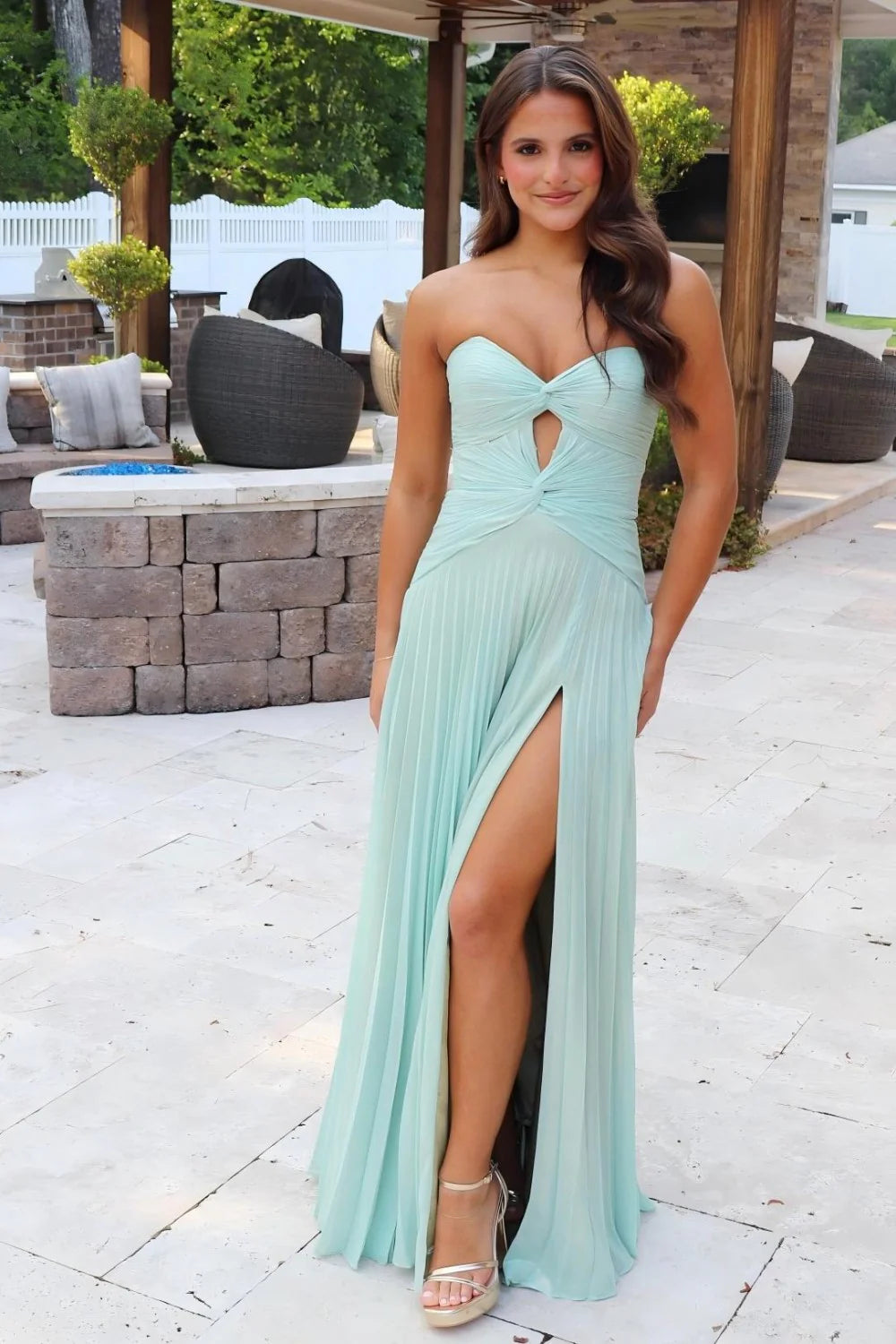 Mint Green Strapless Pleated Prom Dress With Front Twist & Slit AD301
