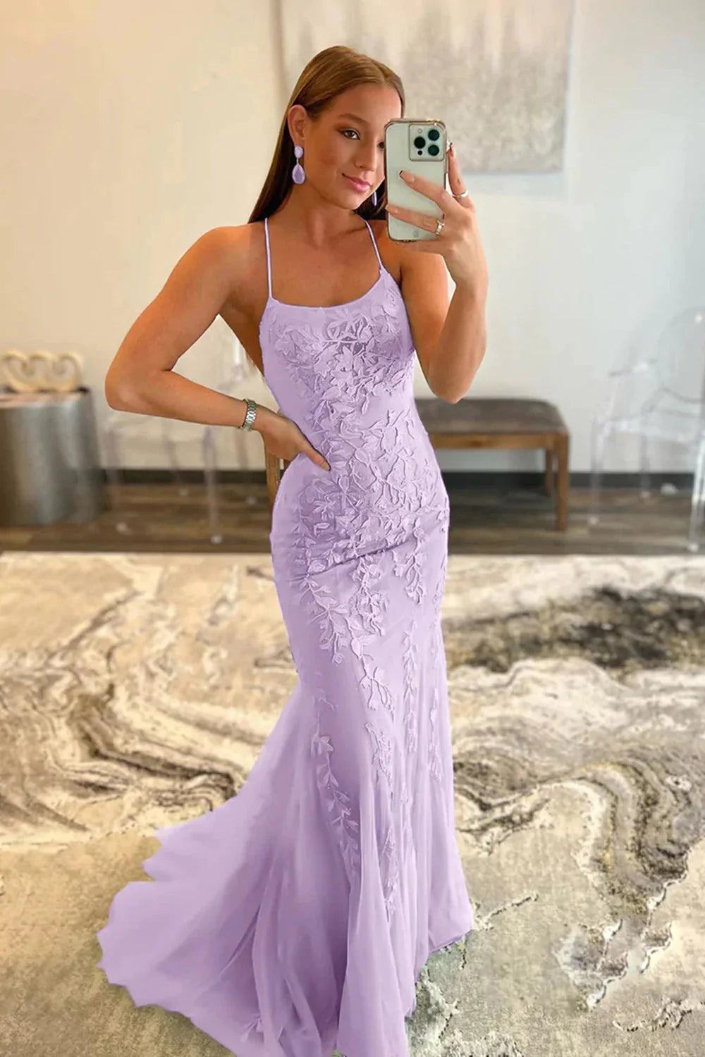 Light Blue Lace Appliqué Mermaid Prom Dress With Spaghetti Straps AD302